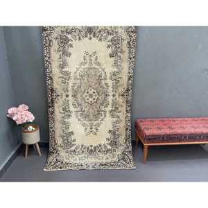 Turkish Rug, 3.8x7 ft Vintage Rug, <b>Brown</b> Beige Striped <b>Wool</b> Rug - Product Image 1