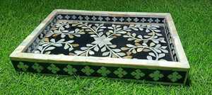 Plateau à poignée en bois incrusté de nacre naturelle de coquillage de mer Ramadan Mubarak Dessert et Date Plat de service Eid Festive - Product Image 6