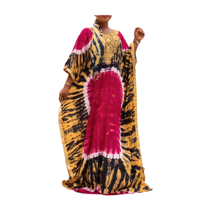 Robe longue en viscose tie-dye, col bijou, style bohème, coupe ample, manches courtes, broderie, robe décontractée d'été - Product Image 1