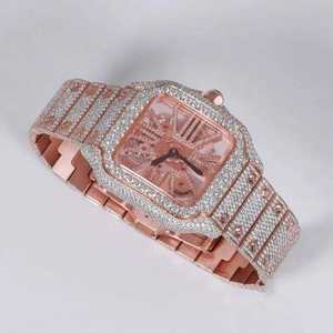 Montre élégante de luxe simple à petit cadran entièrement sertie de diamants, cristal saphir, bracelet en cuir, mouvement à quartz, résistante à l'eau, montre pour femme avec diamants - Product Image 4