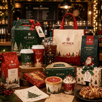 Coffret cadeau de Noël personnalisé AT PACK avec sachets de café, tasses, sac fourre-tout, boîtes cadeaux, serviettes et accessoires de café pour les fêtes