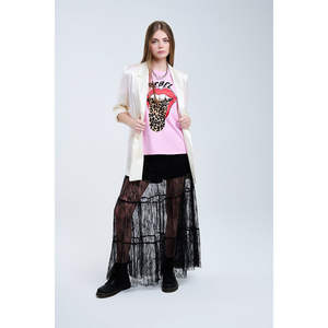 กระโปรงแม็กซี่สีดำผ้าชีฟองลูกไม้พิมพ์ลายดอกไม้ ไซส์ XS กระโปรงมิดิแบบพันรอบตัว หนังนิ่มปักลายพร้อมตกแต่งระบาย - Product Image 2