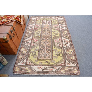 Turkish Vintage Rug, 3.8x6.1 ft Accent Rug, Brown <b>Yellow</b> Polka dot Rug - Product Image 1