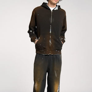 Oversized Fit Hand Painted Hoodie Garment Dyed Relaxed Fit Slightly Distressed Zip up Cotton <b>Blended</b> Hoodies - Product Image 2