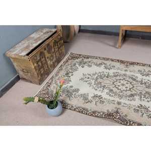 Tapis vintage turc 3,7x6,9 pieds, tapis à carreaux marron et blanc - Product Image 5