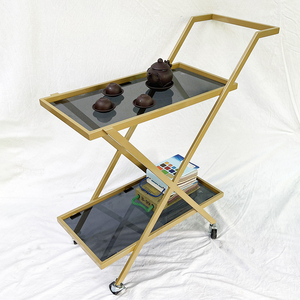 KB68038 Two-Tier Standing Type Iron Frame <b>Cart</b> with Glass Top Rectangle Shape with Wheels for Living Room Tableware <b>Storage</b> - Product Image 2