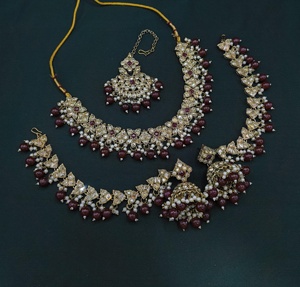 Elegant Jewellery Indian Wedding Function CZ Stone <b>Studded</b> With Pearl Work Necklace Set <b>Earrings</b> with Hair <b>Chain</b> & Mangtika Set - Product Image 2