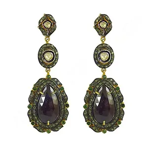 Boucles d'oreilles pendantes vintage en cuivre et laiton, ornées de rubis et d'émeraudes, bijoux tendance pour fêtes religieuses, plaquées or, avec perles/diamants/zircons, cadeau idéal - Product Image 3