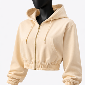 Sudadera con capucha corta para mujer con cremallera completa, dobladillo elástico, forro polar, manga abullonada, color liso, logotipo personalizado, OEM, marca privada - Product Image 3