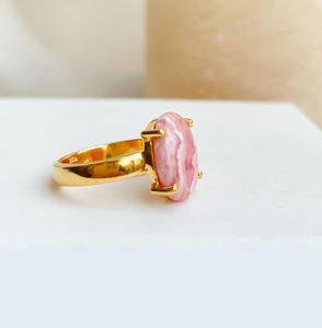 Anillo DE DECLARACIÓN DE BODA único de Plata de Ley 925 fino 10x14mm ovalado Rosa Rodocrosita 18K chapado en oro joyería de piedras preciosas naturales - Product Image 6