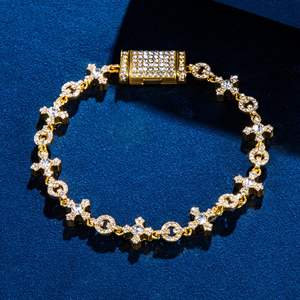 10mm Iced Circle and <b>Cross</b> Hip Hop Style Men's 18K Yellow Gold Plated 925 Sterling <b>Silver</b> Moissanite <b>Bracelet</b>-Anniversary Gift - Product Image 3