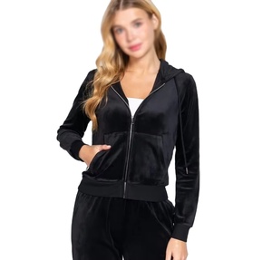 Ensemble de survêtement pour femme en velours respirant en polyester et coton, design unique, deux pièces, manches longues, sweat à capuche zippé et pantalon de survêtement - Product Image 2
