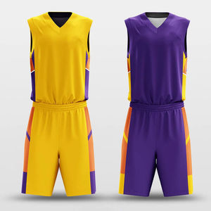 Vente en gros de maillots de basket-ball américains personnalisés, imprimés et sublimés, couleur violet et jaune - Product Image 2