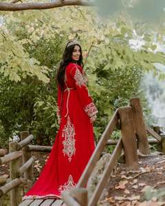 Caftán de seda roja marroquí totalmente personalizable con bordado hecho a mano, estilo informal, antiestático y transpirable - Product Image 6