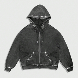 Rainbow Spray Street Style Hommes Cristal À Capuche Poche Fermeture Éclair À Manches Longues Strass Sweats Vintage Strass Hoodies Hommes - Product Image 1