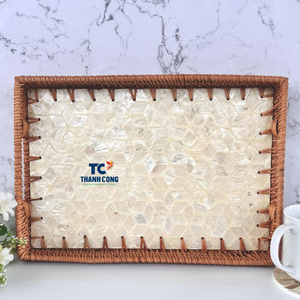 Vente en gros Plateaux décoratifs en nacre Design élégant incrusté avec bordure en rotin pour la salle à manger et l'affichage - Product Image 3