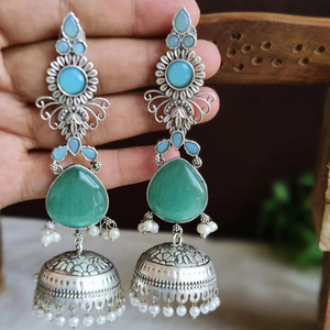 Pendientes de Plata con Piedra Monalisa, Pendientes Jhumka Ligeros, Joyería India Tradicional, Accesorio al por Mayor - Product Image 2