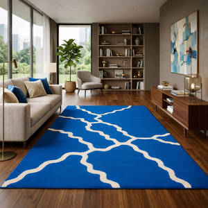 Tapis moderne tufté à la main pour enfants - Motif abstrait bleu et blanc en laine/soie, résistant aux animaux domestiques, idéal pour salle de jeux, salon, prière - Product Image 4