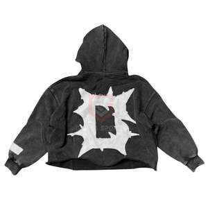 Boxy Fit <b>Black</b> Acid Wash <b>Hoodie</b> Cropped Style Heavyweight Cotton Fleece Puff Print Streetwear <b>Hoodie</b> - Product Image 2