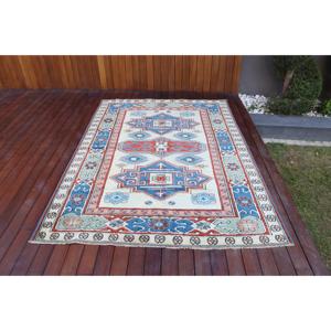 Alfombra Turca de 5.2x8.6 pies, Alfombra Vintage Azul con Diseño Floral de Lana - Product Image 1