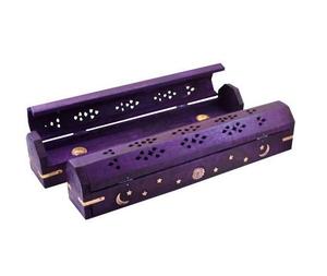 Quemador de caja de incienso de madera de ataúd celestial hecho a mano con incrustaciones de latón (púrpura) - Product Image 1