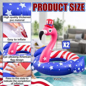 American Flag <b>Inflatable</b> Flamingo Pool Float 45 Inch Swim Tube Ring Red White Blue <b>Large</b> Raft for Summer Lake Beach Pool Party - Product Image 2