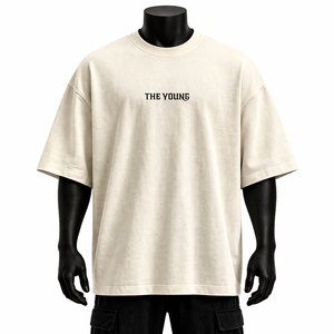 Camiseta de algodón beige extragrande para hombre, personalizada al por mayor, con estampado minimalista de letras, corte holgado, estilo casual urbano, para hombre - Product Image 1