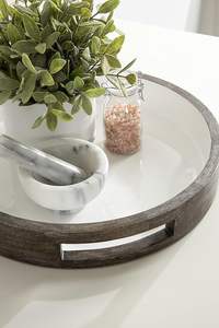 Plateau en bois de forme personnalisée moderne, diamètre 15 pouces, gris délavé, plateau rond blanc pour la cuisine, la salle à manger, la table basse, le service à domicile - Product Image 3