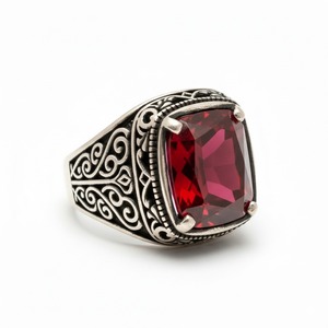 แหวนหมั้นเงินสเตอริง925สีแดงสีเบาะตัดเพทายหินเหลี่ยมเพชรพลอยสำหรับผู้ชายงานแต่งงานสไตล์วินเทจฝาเครื่องประดับตุรกี - Product Image 3
