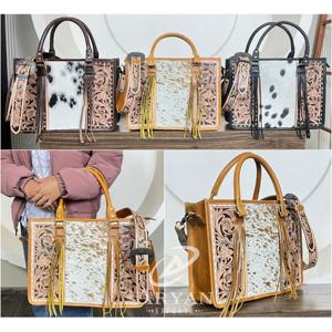 Sac à provisions à fleurs en cuir véritable dissimulé pour femmes sac à provisions à bandoulière en cuir de vachette - Product Image 1