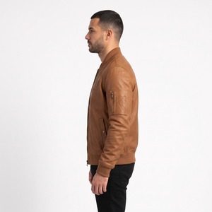 Chaqueta de Cuero Tipo Bomber para Hombre, Corte Ajustado, Cuello de Piel de Cordero, Forro Acolchado, Chaqueta de Aviador de Cuero Genuino, Logotipo Personalizado OEM - Product Image 3