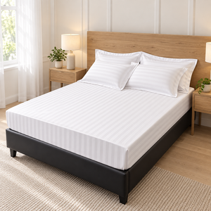 Parure de lit en coton rayé blanc 4 pièces, drap-housse, taies d'oreiller, 400TC, respirante, style moderne, 1,8 m - Product Image 1
