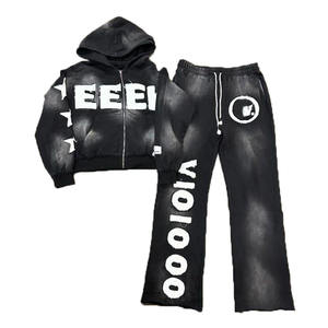 High Quality Acid Wash Mens Tracksuit Custom Streetwear Print 500 Gsm Cropped Pullover Hoodie and Sweatpants Set Tracksuits - Product Image 5