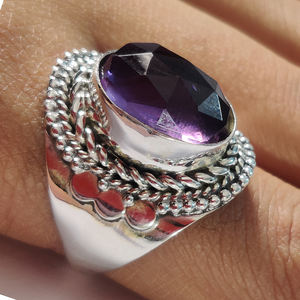 Exquisito rosecut facetado amatista natural anillo de plata ovalado piedra preciosa anillo de boda y fiesta - Product Image 1