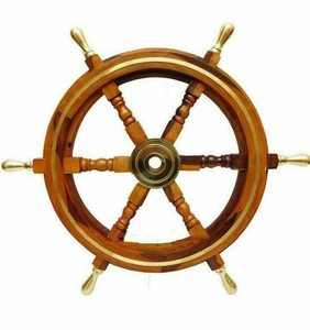 Handmade 16-Inch Solid <b>Wood</b> Pirate Wheel Vintage Star Ship <b>Model</b> 6 Spoke Brass Anchor Strips Wall Decor Home Use Great Gift Idea - Product Image 3