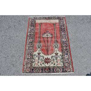 Tapis Turc Vintage Ethnique 2.6x3.9ft Rouge Bleu Patchwork Classique Laine Grande Surface Rectangle Couloir Modèle pour Adolescents Latex Soutenu - Product Image 1