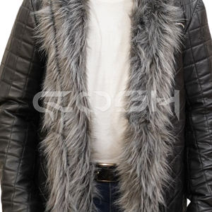 Chaqueta de Cuero Negra Premium Hecha a Mano para Invierno con Cuello y Solapa de Piel Gris Larga - Product Image 5