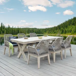 Set meja makan tali kayu mewah Modern kualitas tinggi dengan 6 tempat duduk furnitur luar ruangan ruang makan