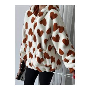 Cappotti da donna alla moda con motivo a cuore in pile con cappuccio - Product Image 5