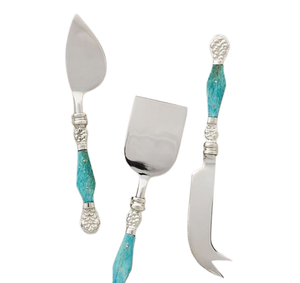 Ensemble de couteaux de service à fromage en métal à lame argentée au design unique Outils à fromage en acier inoxydable à manche en pierre métallique - Product Image 1