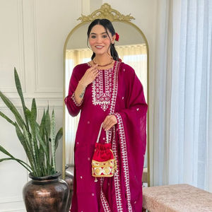 Traje bordado pesado indio tradicional Vichitra Silk Fancy Heavy Sequence bordado trabajo superior e inferior con Dupatta - Product Image 1