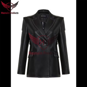 Blazer en cuir véritable noir pour femme avec surpiqûres contrastées, revers en peau de mouton, coupe ajustée, manteau de costume sur mesure, haute couture, vêtement d'extérieur d'hiver - Product Image 6