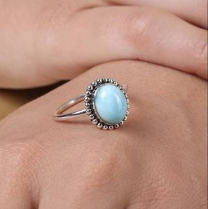 Top Class 925 Sterling Silver <b>Fine</b> <b>Ring</b> Genuine Republic 8x10MM Larimar Oval Cabochon Beaded Dainty Minimalist Classic Parties - Product Image 3