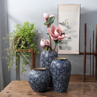 Vase en porcelaine bleu et blanc CPV24, ensemble de 3 pièces, vases floraux en céramique Lotus d'eau pour la décoration intérieure de style chinois moderne