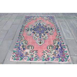 Turkish Vintage Rug 4.3x7.1 ft (132x216 cm), <b>Red</b> <b>Wool</b> Rug - Product Image 1