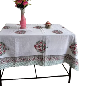 Mantel de Algodón Estampado a Mano: Rayas Florales, Estilo Boho para Comedor - Product Image 1