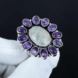 Bague en pierres précieuses naturelles de pierre de lune et d'améthyste, faite à la main, en argent sterling 925 plaqué rhodium, bijoux vintage de luxe, cadeau de mariage - Product Image 4