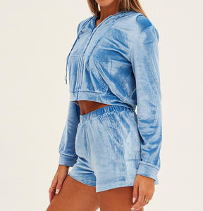 Custom Ladies Winter Y2K Velvet Cropped <b>Velour</b> <b>Tracksuit</b> Hooded Top Embroidery 2-Piece Shorts Set Eco-Friendly - Product Image 3