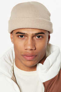 Custom Beige Knit <b>Beanie</b> with Folded Cuff Soft Acrylic Winter Hat for Men Blank <b>Slouchy</b> Cap for Embroidery Logo Design - Product Image 2