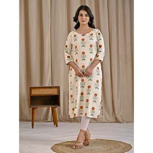 Kurti Recto de Algodón y Yute con Estampado de Bloques Color Mostaza Blanca, Estilo Casual con Cintura Natural y Característica Transpirable - Product Image 4